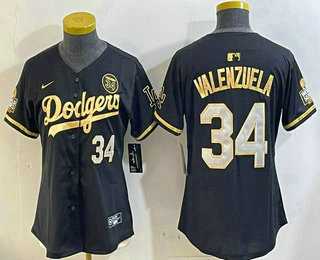 Womens Los Angeles Dodgers #34 Fernando Valenzuela Black Gold 2024 World Series 34 Patch Stitched Cool Base Jersey